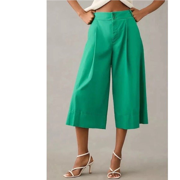 Anthropologie Pants - By Anthropologie Green Wide Leg Culotte Pants High Rise Cotton Cropped Size 10